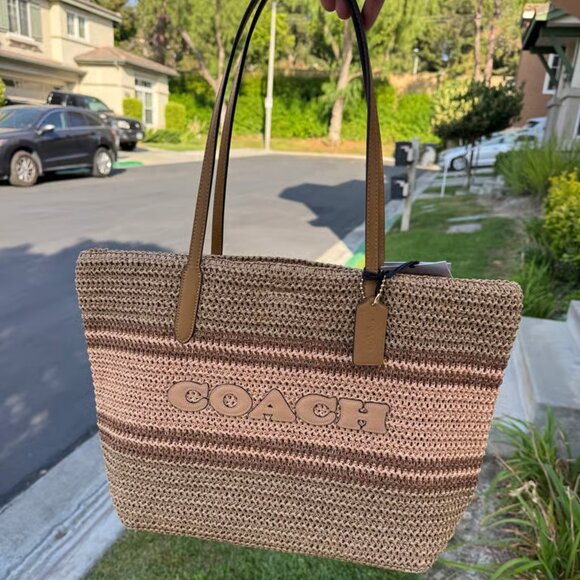 Coach City Tote Straw and Smooth Leather CBG87 - Picture 1 of 10
